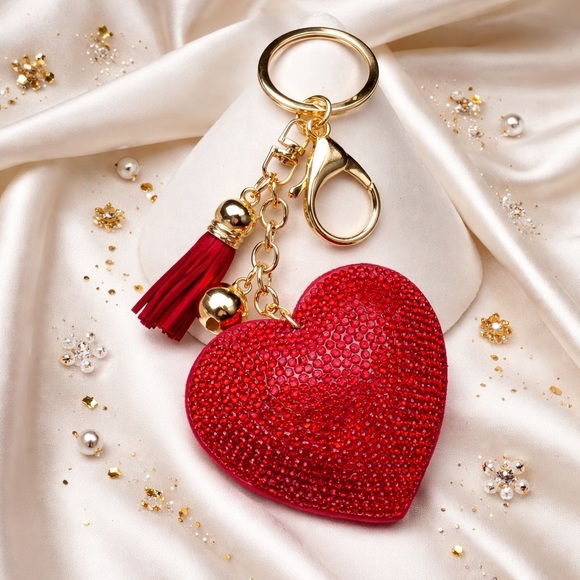 Accessories - Red Heart Keychain with Gold Accents Tassel Bell Whimsical Glam Romantic